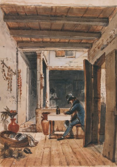 Watercolor by Debret, depicting himself in an inn by Jean Baptiste Debret